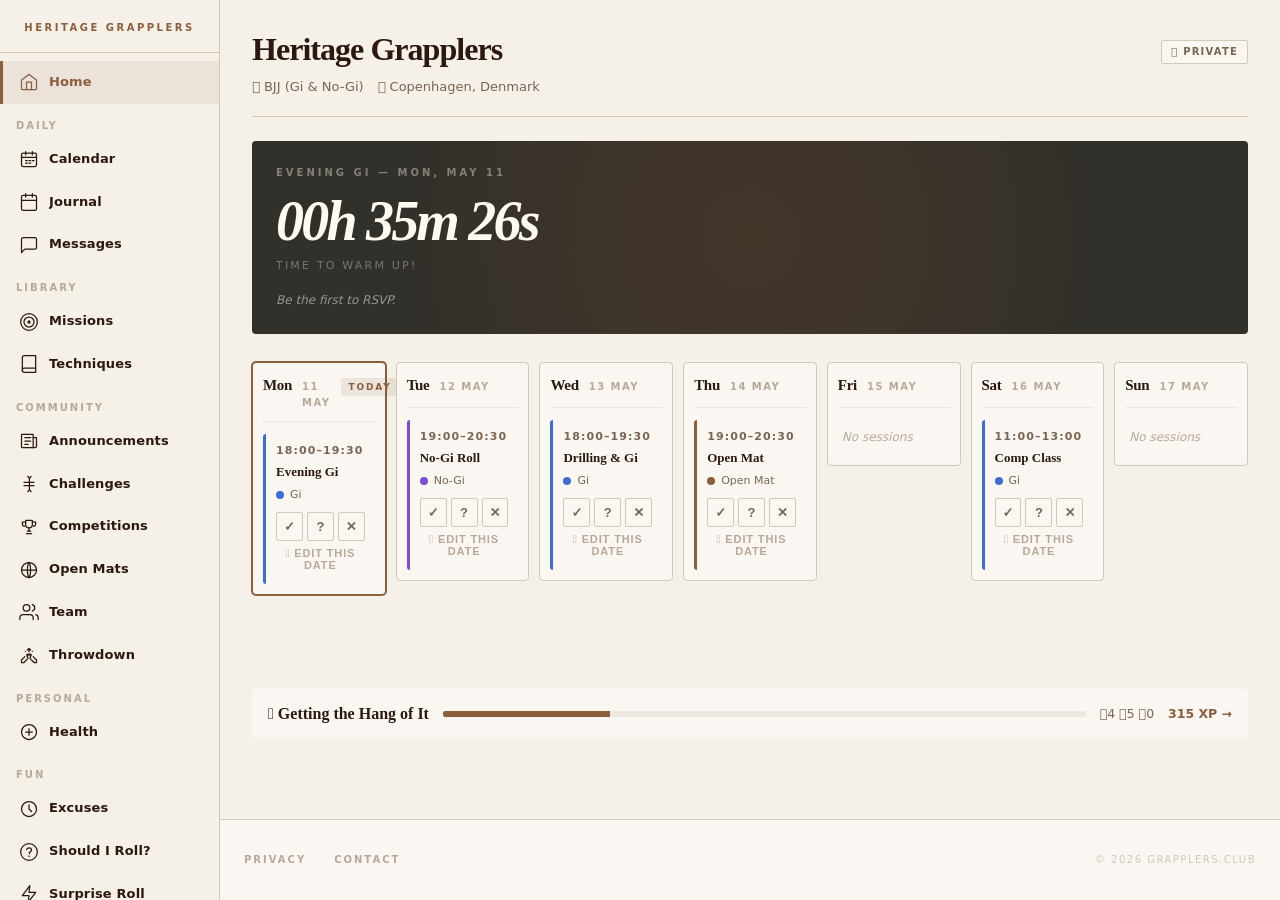 A preview of the grapplers.club home page — session countdown, weekly RSVP grid, sidebar nav